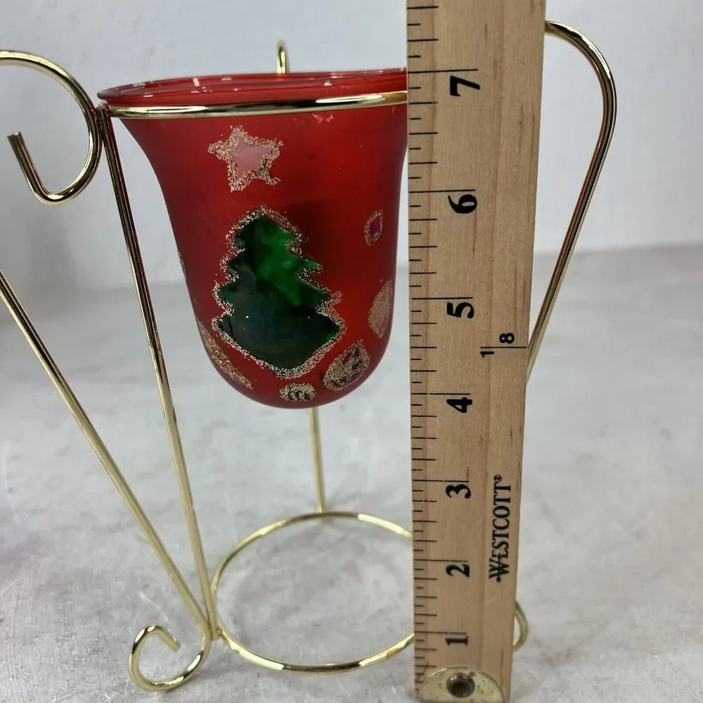Vintage Hand painted Red Glass Candle Holder With‎ Metal Stand Chipped Paint